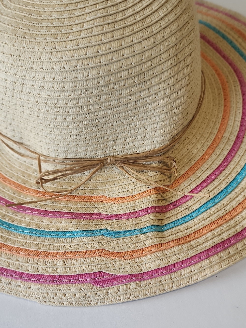 Straw Sun Hat with Multicolor Stripes and Cute Bead Trim Foldable - Picture 3 of 7